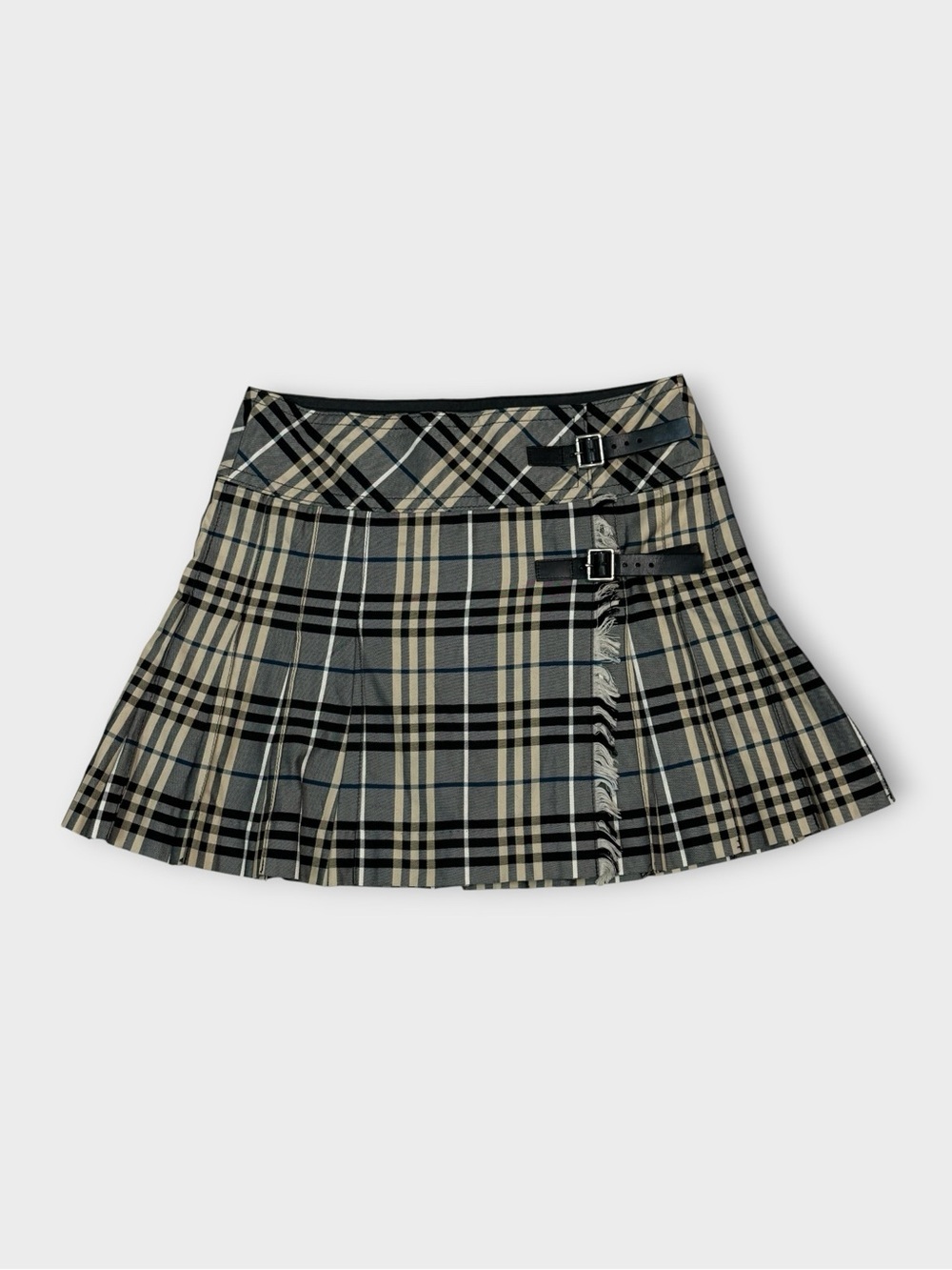 Burberry Blue Label Plaid Pleated Skater Skirt with Leather Buckle Straps